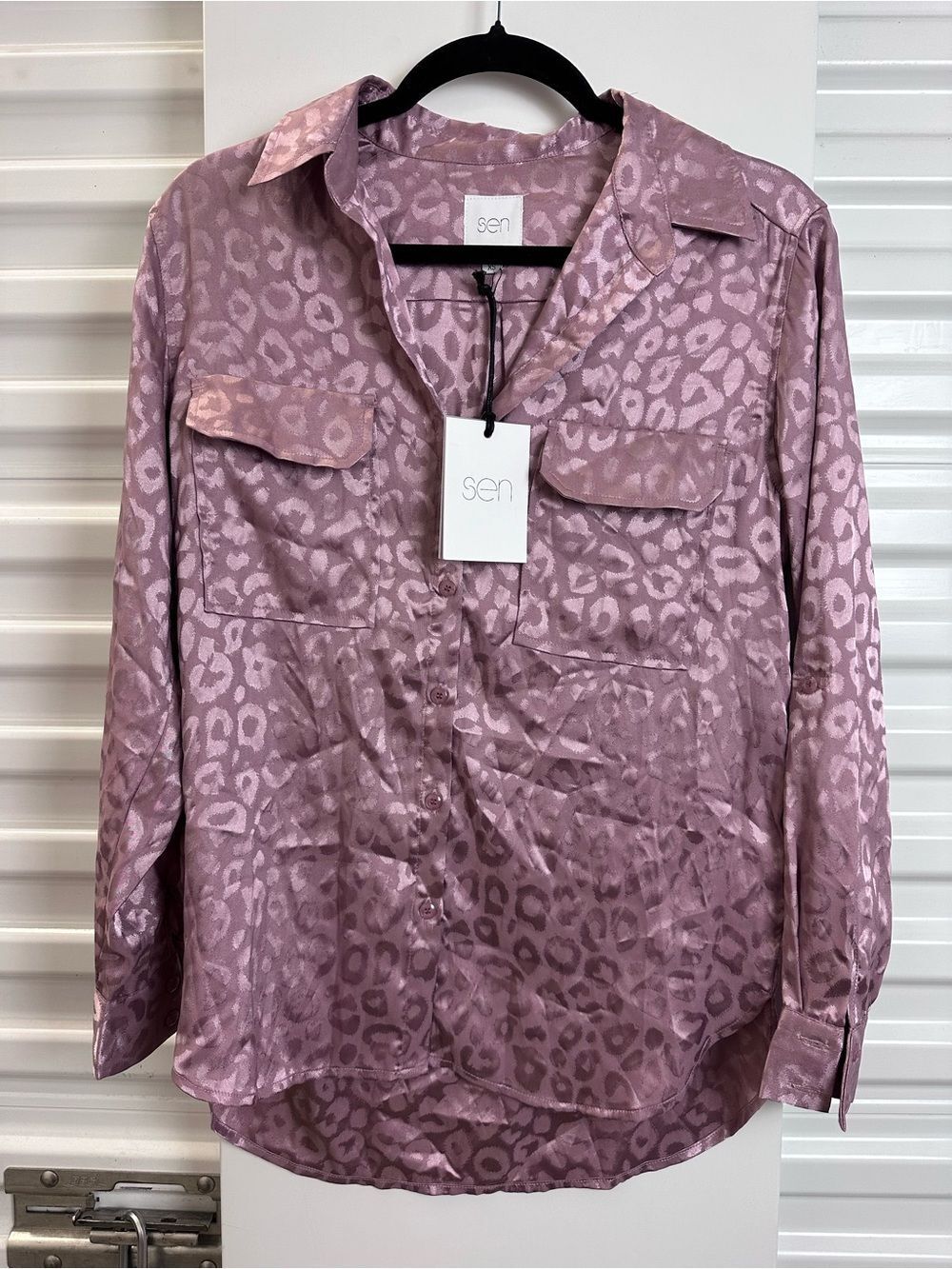 SEN Mauve Leopard Satin Button-Down Shirt